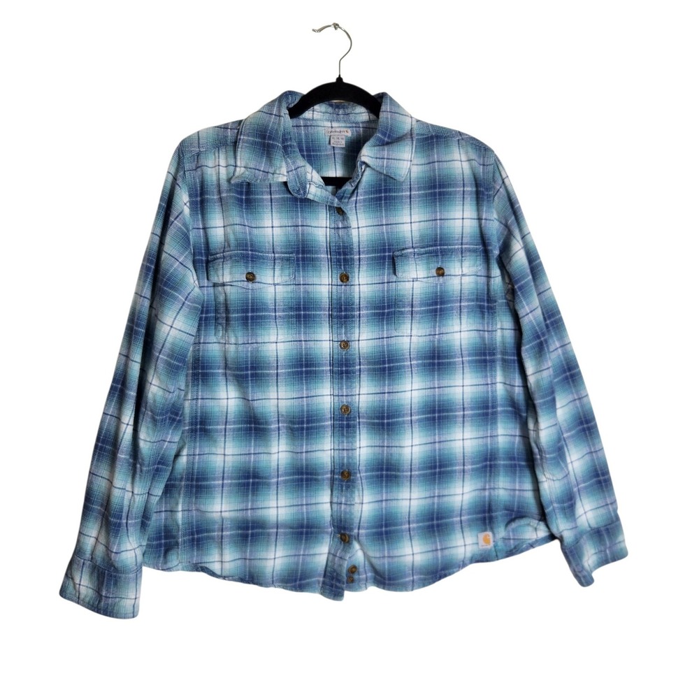 Carhartt Womens XL Blue Plaid Flannel Button Down Shirt Stretch Long Sleeve